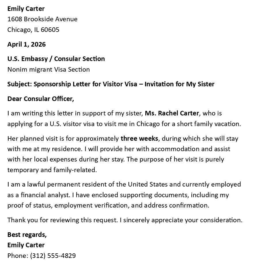 Sponsorship Letter for Visitor Visa – Invitation for My Sister