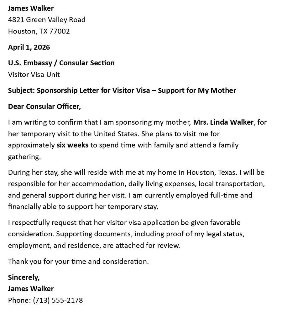 Sponsorship Letter for Visitor Visa – Support for My Mother