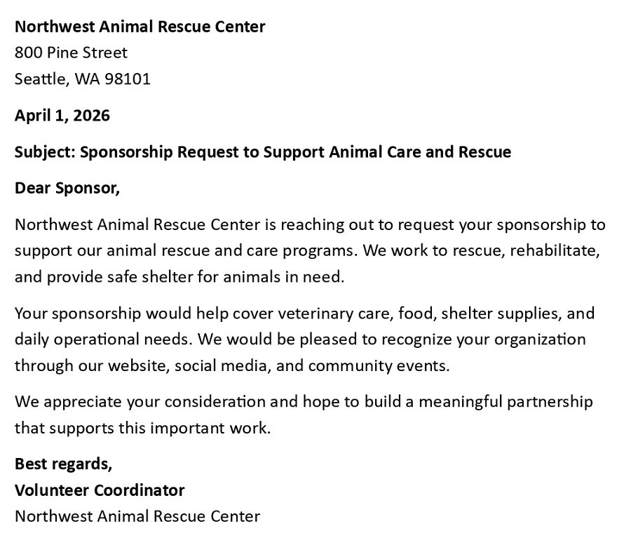 Sponsorship Request to Support Animal Care and Rescue