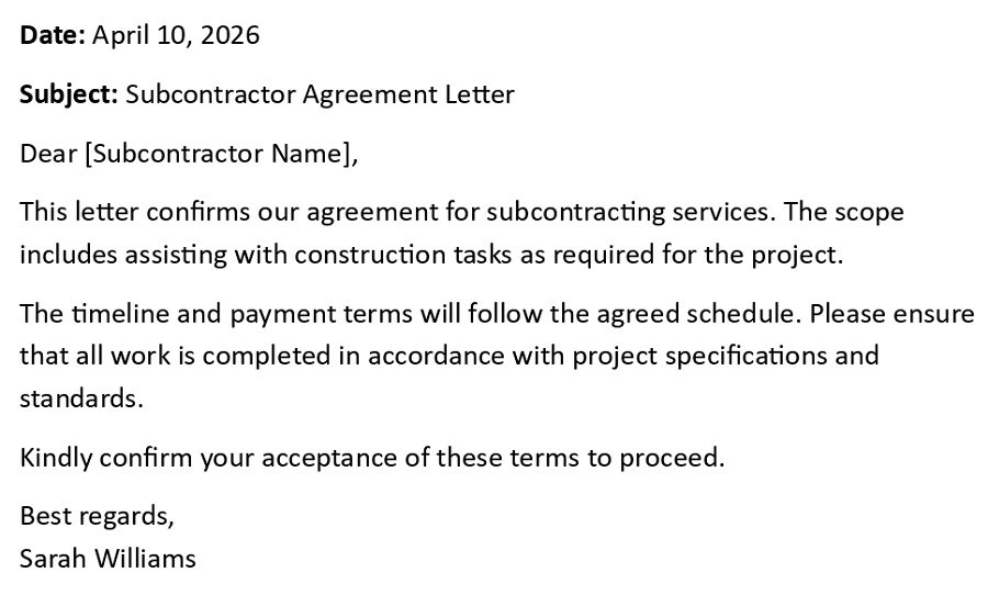 Subcontractor Agreement Letter