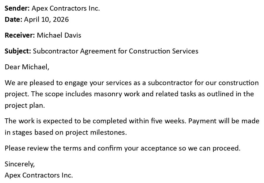 Subcontractor Agreement for Construction Services