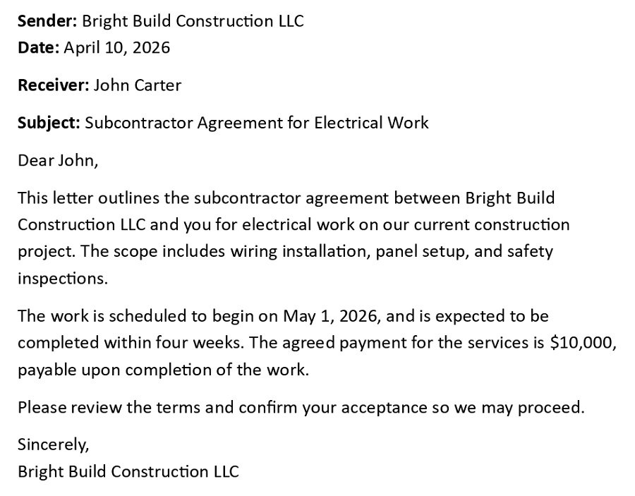 Subcontractor Agreement for Electrical Work