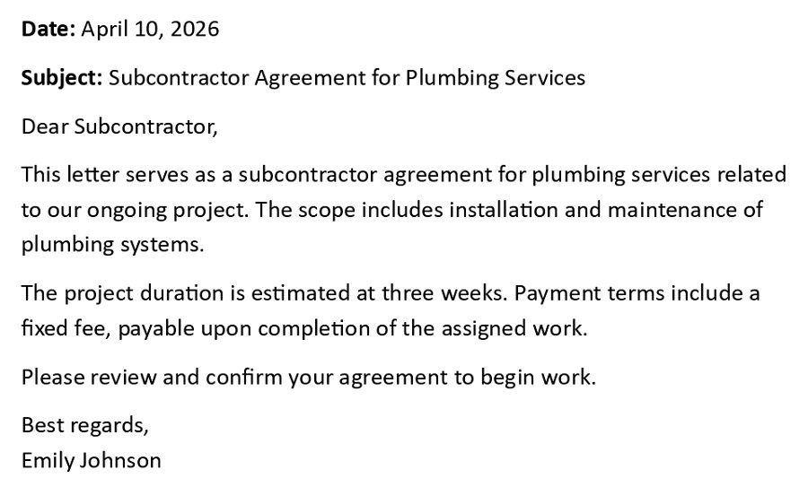 Subcontractor Agreement for Plumbing Services