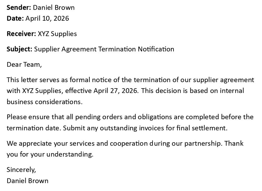 Supplier Agreement Termination Notification