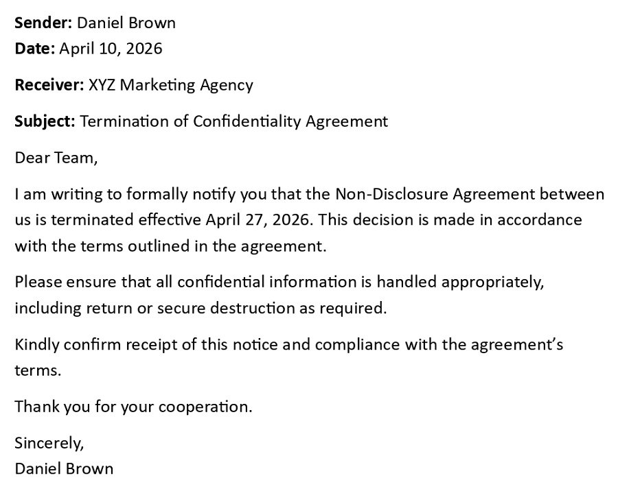 Termination of Confidentiality Agreement