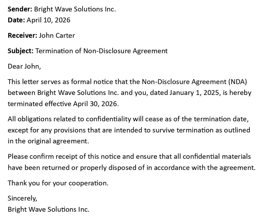 Termination of Non-Disclosure Agreement