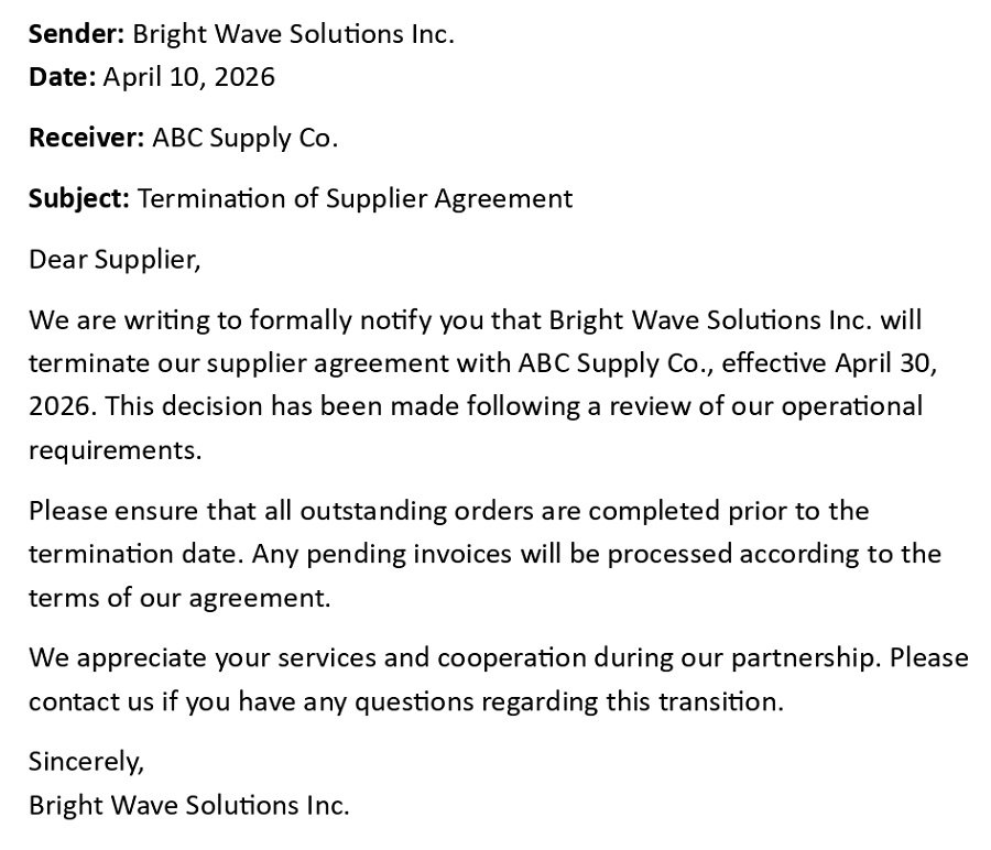 Termination of Supplier Agreement