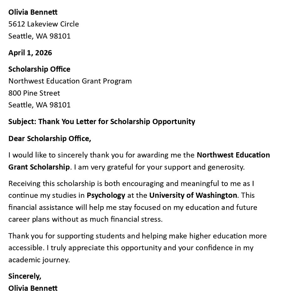Thank You Letter for Scholarship Opportunity