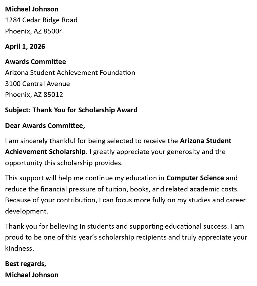 Thank You for Scholarship Award