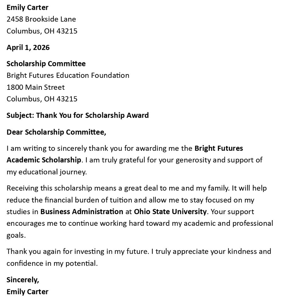 Thank You for Scholarship Award