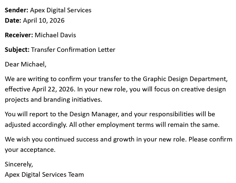 Transfer Confirmation Letter