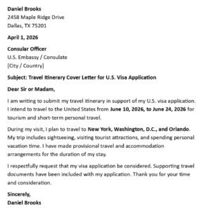 ravel Itinerary Cover Letter (USA Visa Format + 5 Templates)