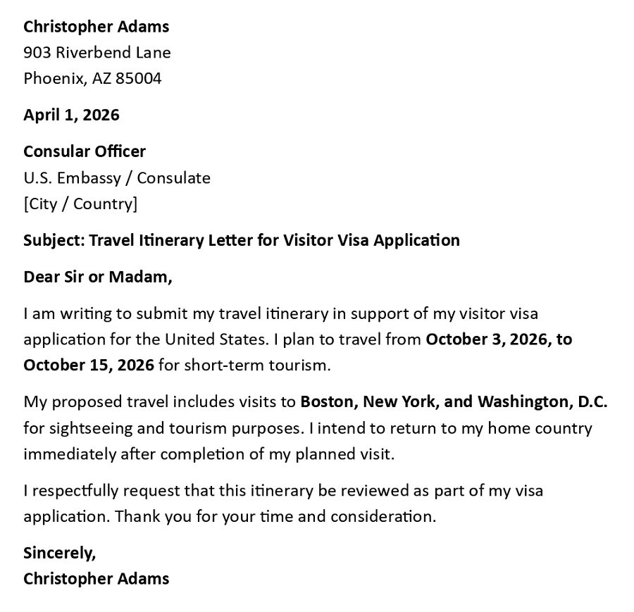 Travel Itinerary Letter for Visitor Visa Application