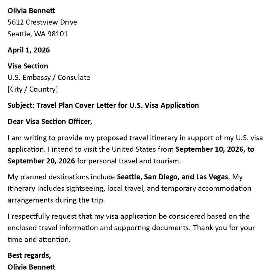 Travel Plan Cover Letter for U.S. Visa Application
