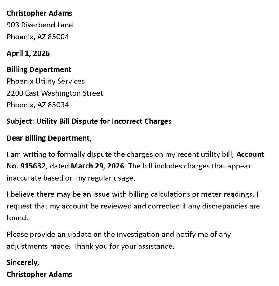 Utility Bill Dispute for Incorrect Charges