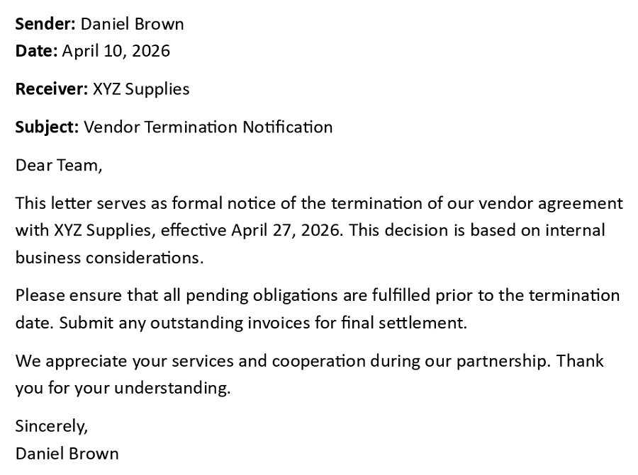 Vendor Termination Notification