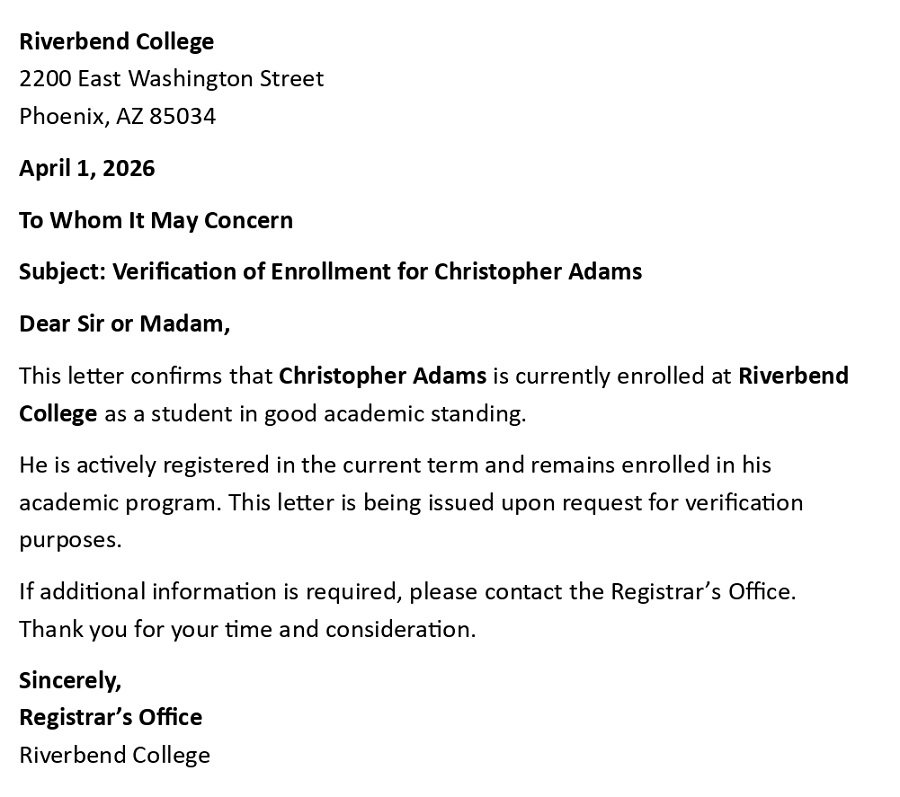 Verification of Enrollment for Christopher Adams