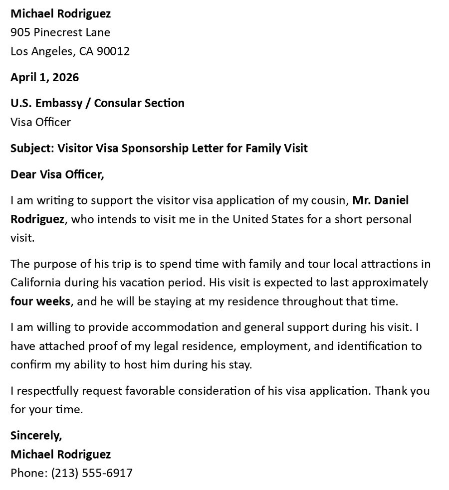 Visitor Visa Sponsorship Letter for Family Visit