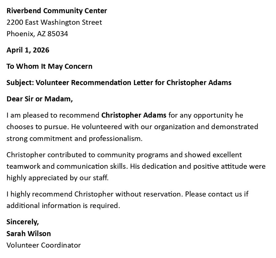 Volunteer Recommendation Letter for Christopher Adams