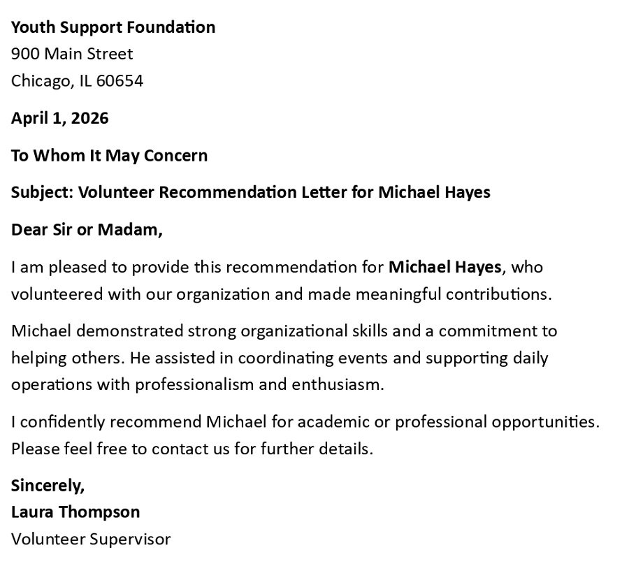 Volunteer Recommendation Letter for Michael Hayes