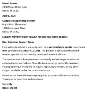 Warranty Claim Letter (USA Format + 5 Samples)