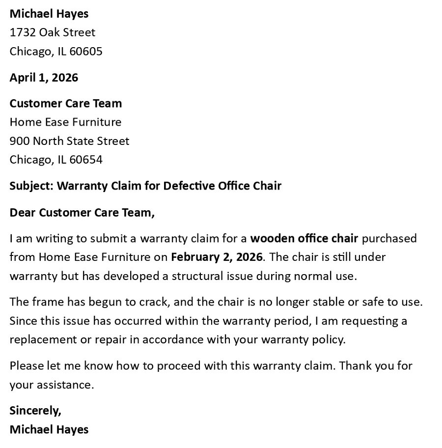 Warranty Claim for Defective Office Chair