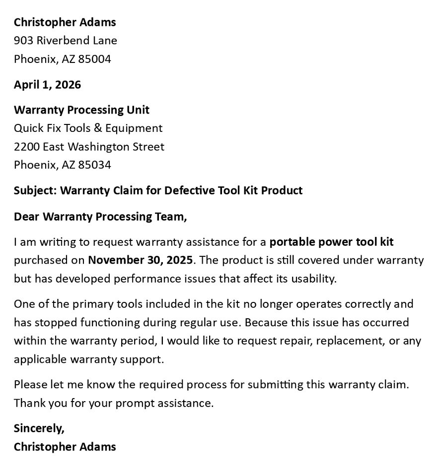 Warranty Claim for Defective Tool Kit Product