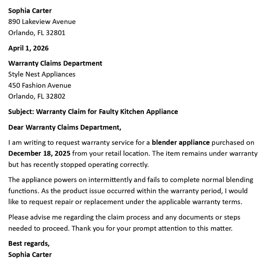 Warranty Claim for Faulty Kitchen Appliance