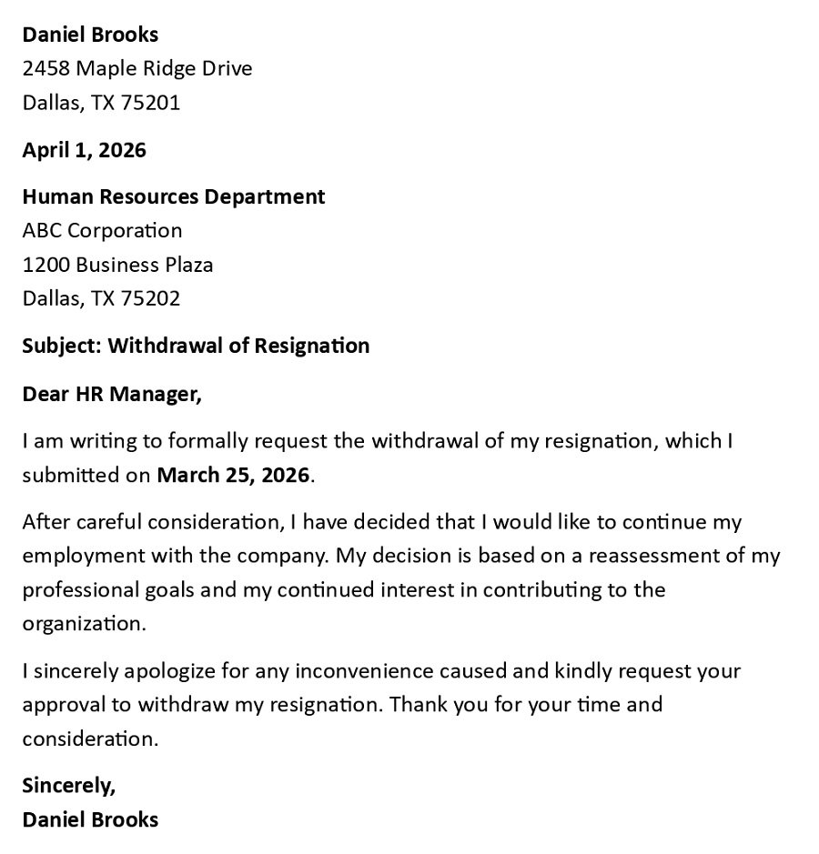 Withdrawal of Resignation