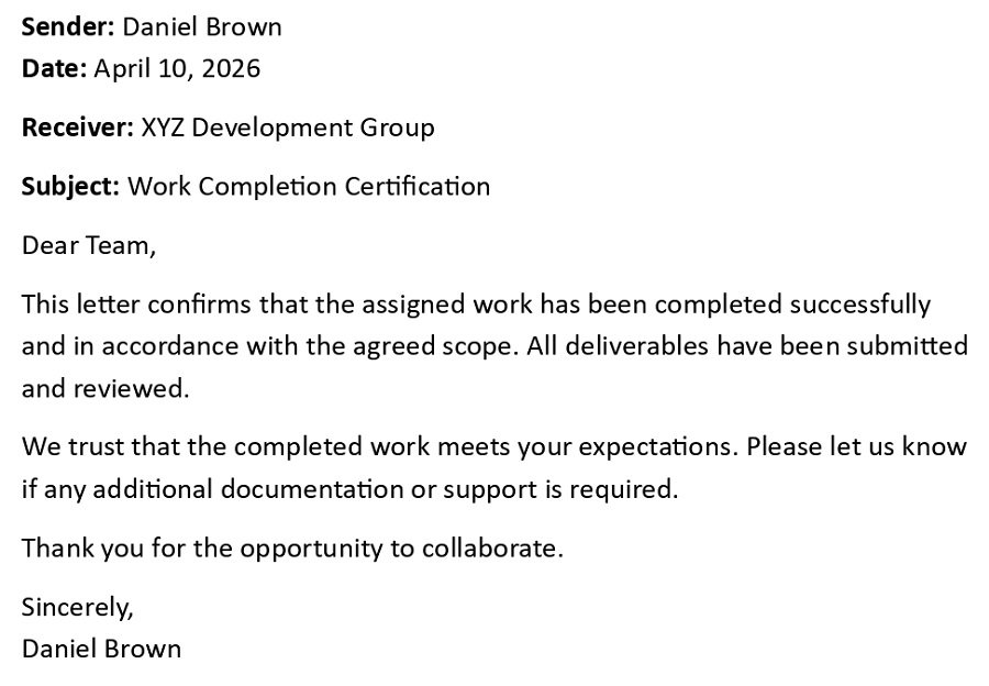 Work Completion Certification