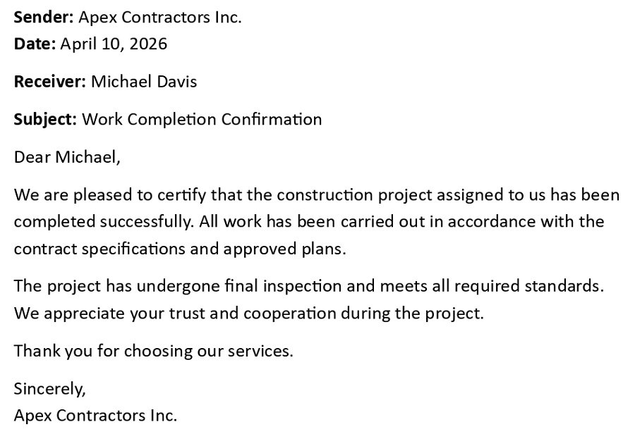 Work Completion Confirmation