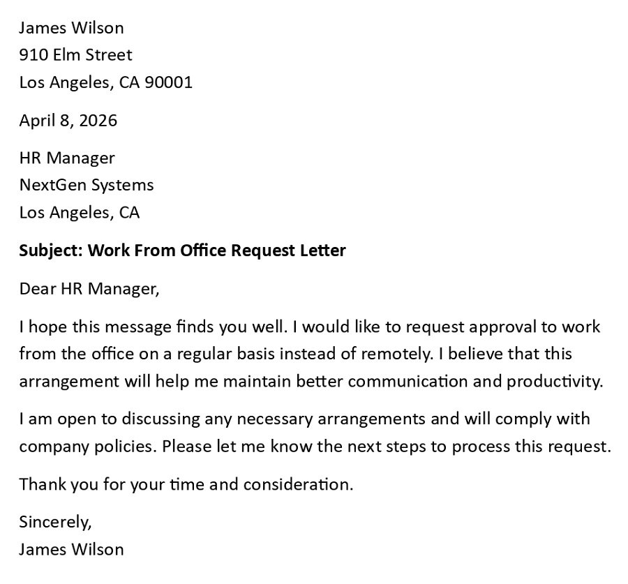 Work From Office Request Letter