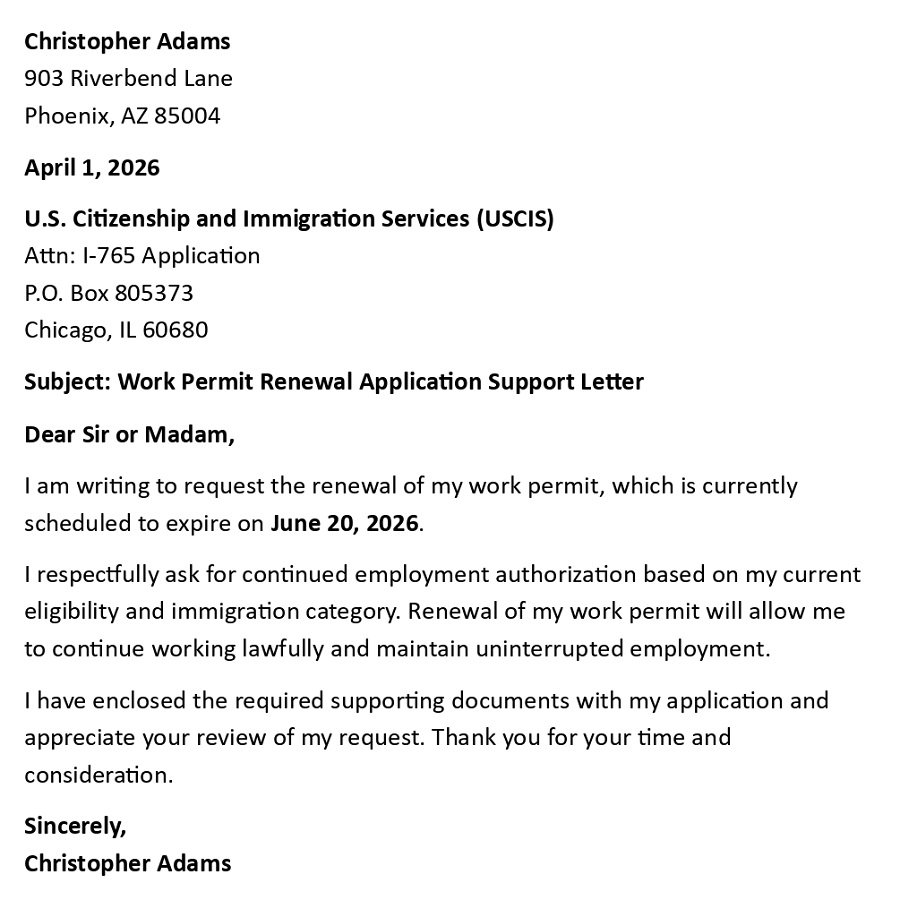 Work Permit Renewal Application Support Letter