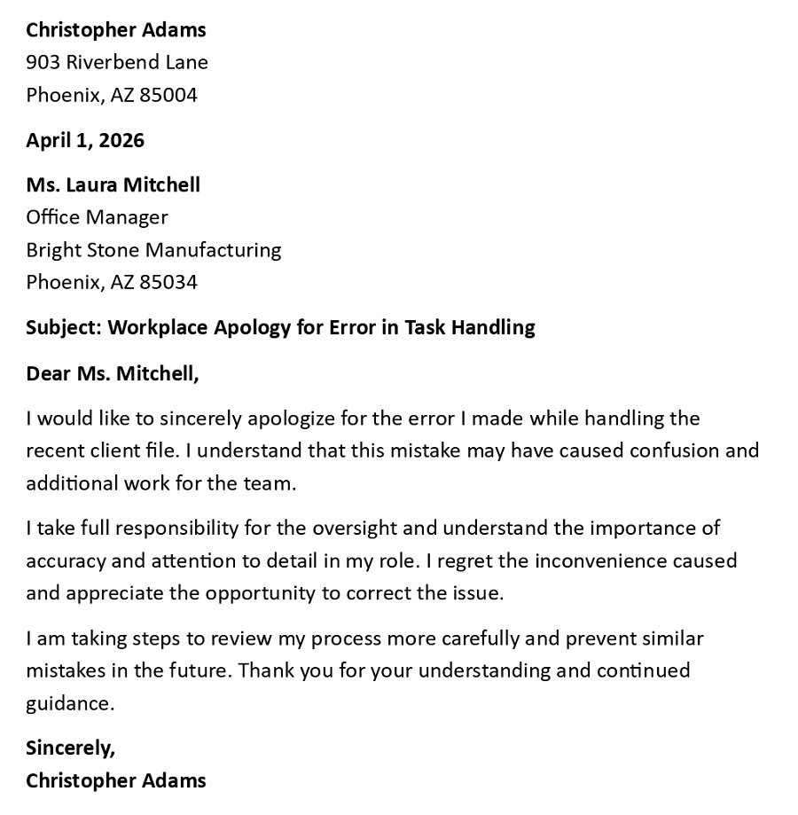 Workplace Apology for Error in Task Handling