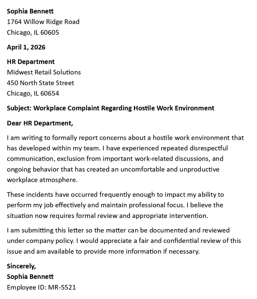 Workplace Complaint Regarding Hostile Work Environment