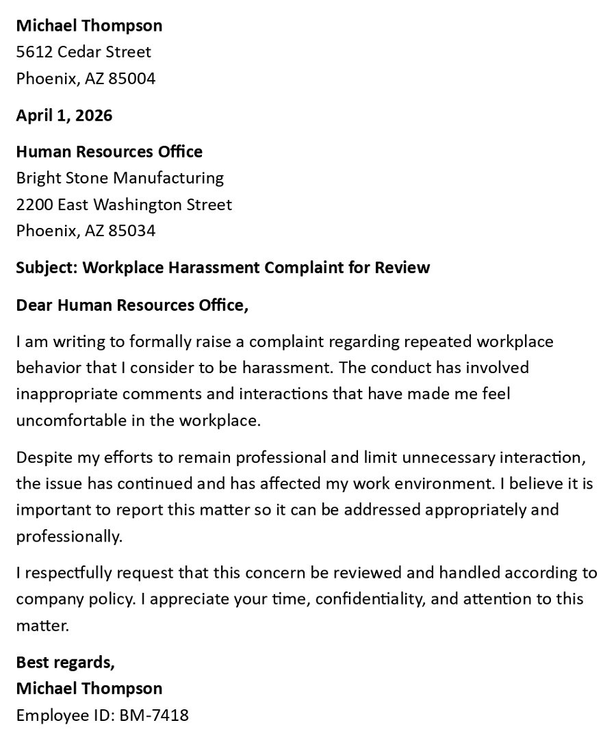Workplace Harassment Complaint for Review