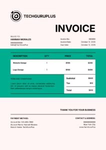 Bold Teal Freelance Invoice Template in Word (Free Download)