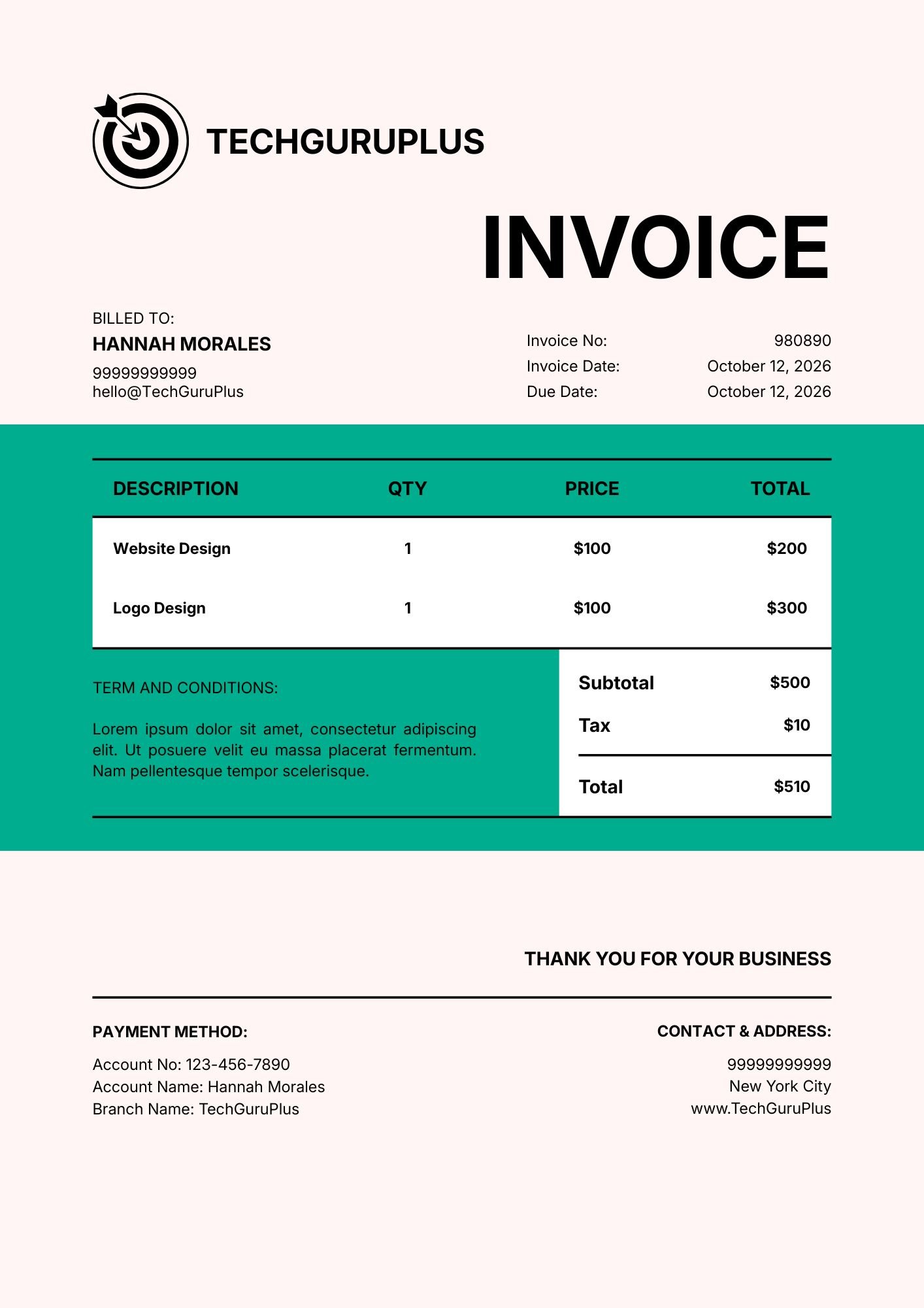 Bold Teal Freelance Invoice Template in Word (Free Download)