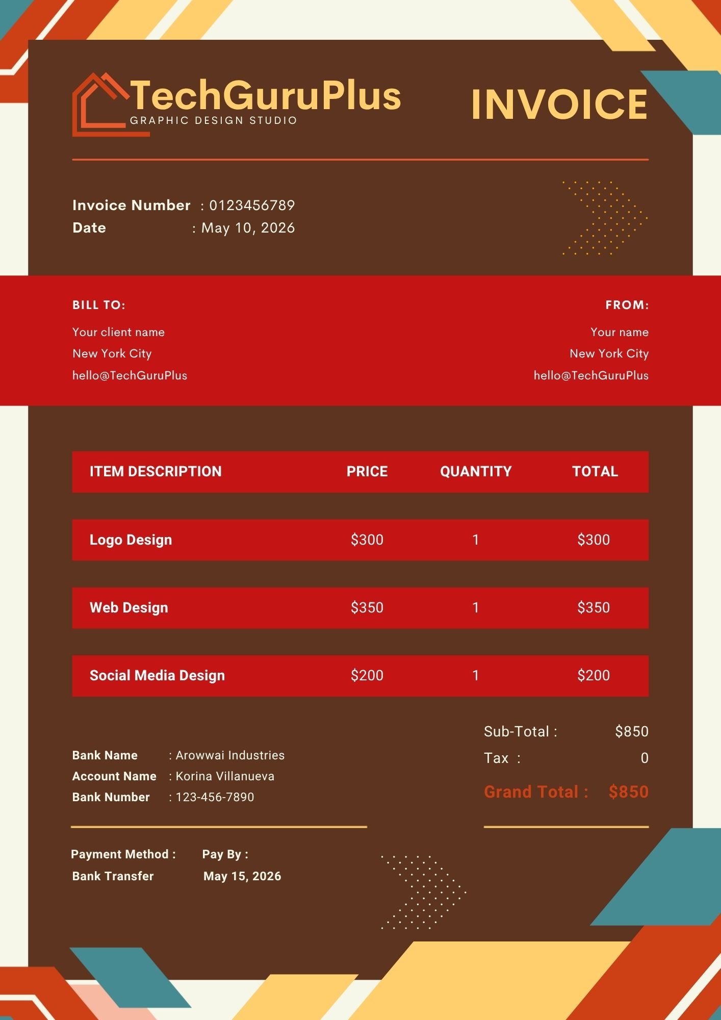 Invoice Template - Bold Brown & Red Graphic Design Studio Format (Free Word Download)