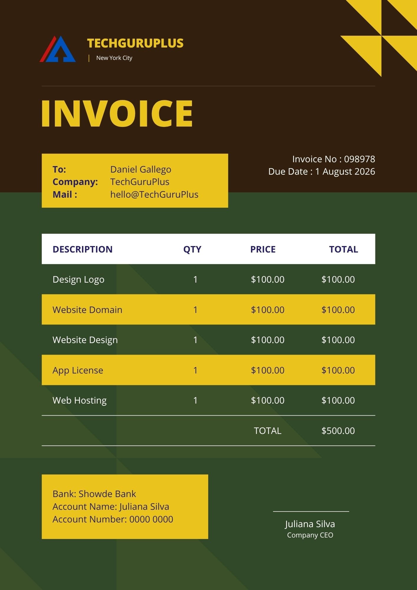 Invoice Template - Bold Green & Yellow Creative Agency Format (Free Word Download)