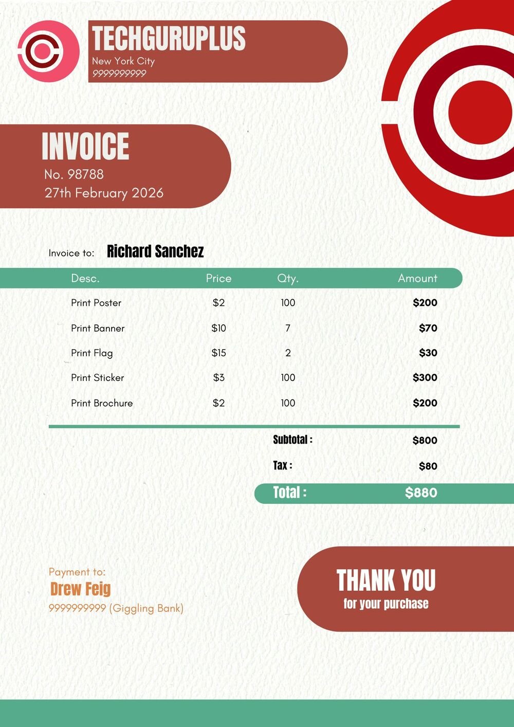 Invoice Template - Bold Red & Green Print Shop Format (Free Word Download)