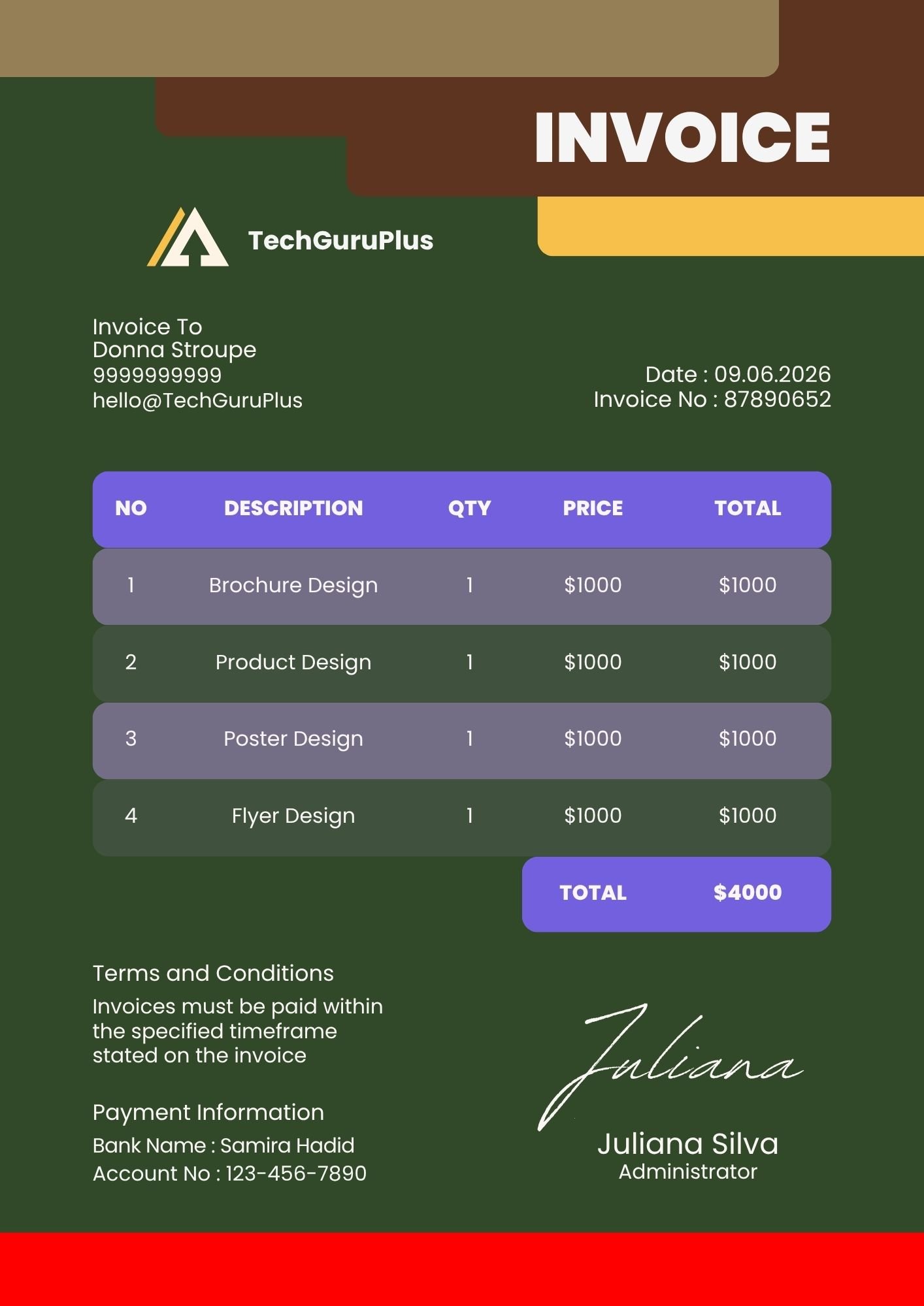 Invoice Template - Dark Green & Purple Design Agency Format (Free Word Download)