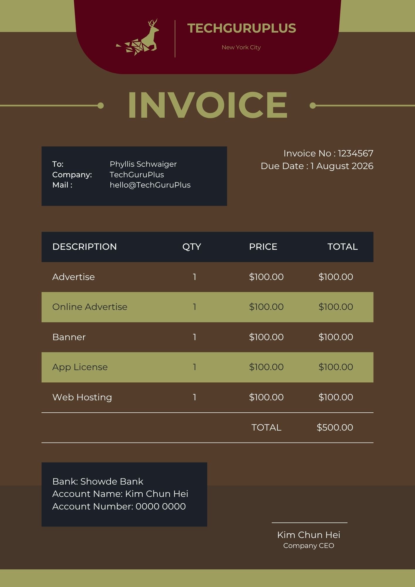 Invoice Template - Earthy Brown Digital Marketing Format (Free Word Download)