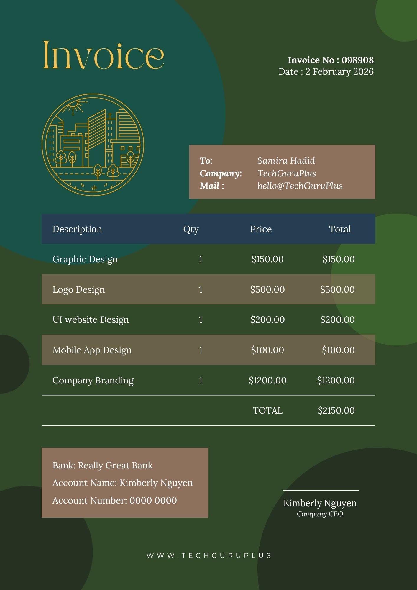 Invoice Template - Elegant Dark Green Creative Agency Format (Free Word Download)