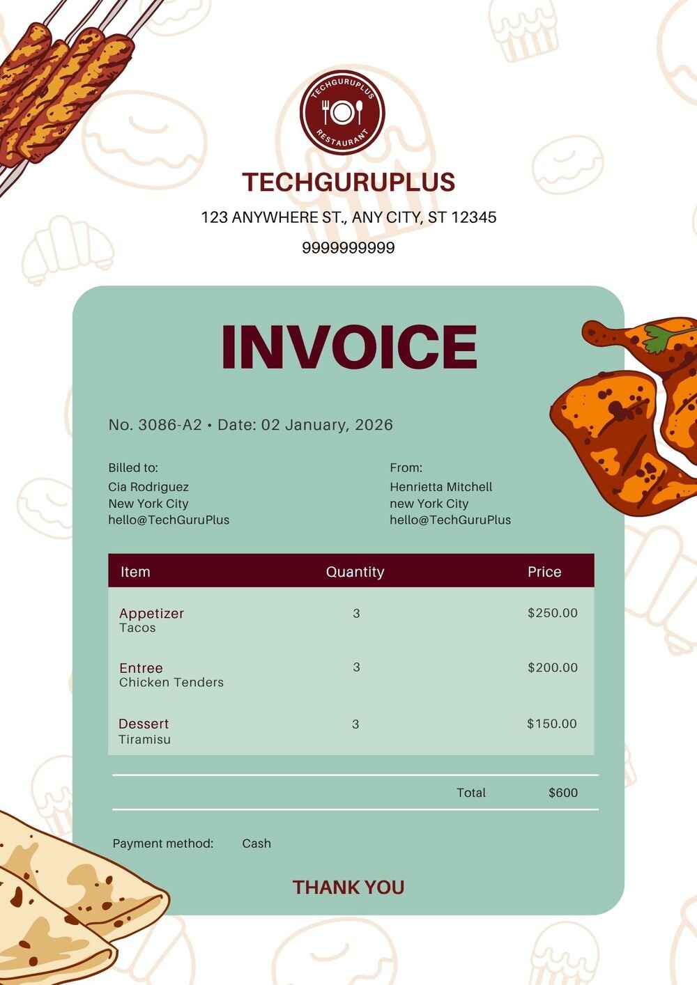 Invoice Template - Illustrated Restaurant & Catering Format (Free Word Download)
