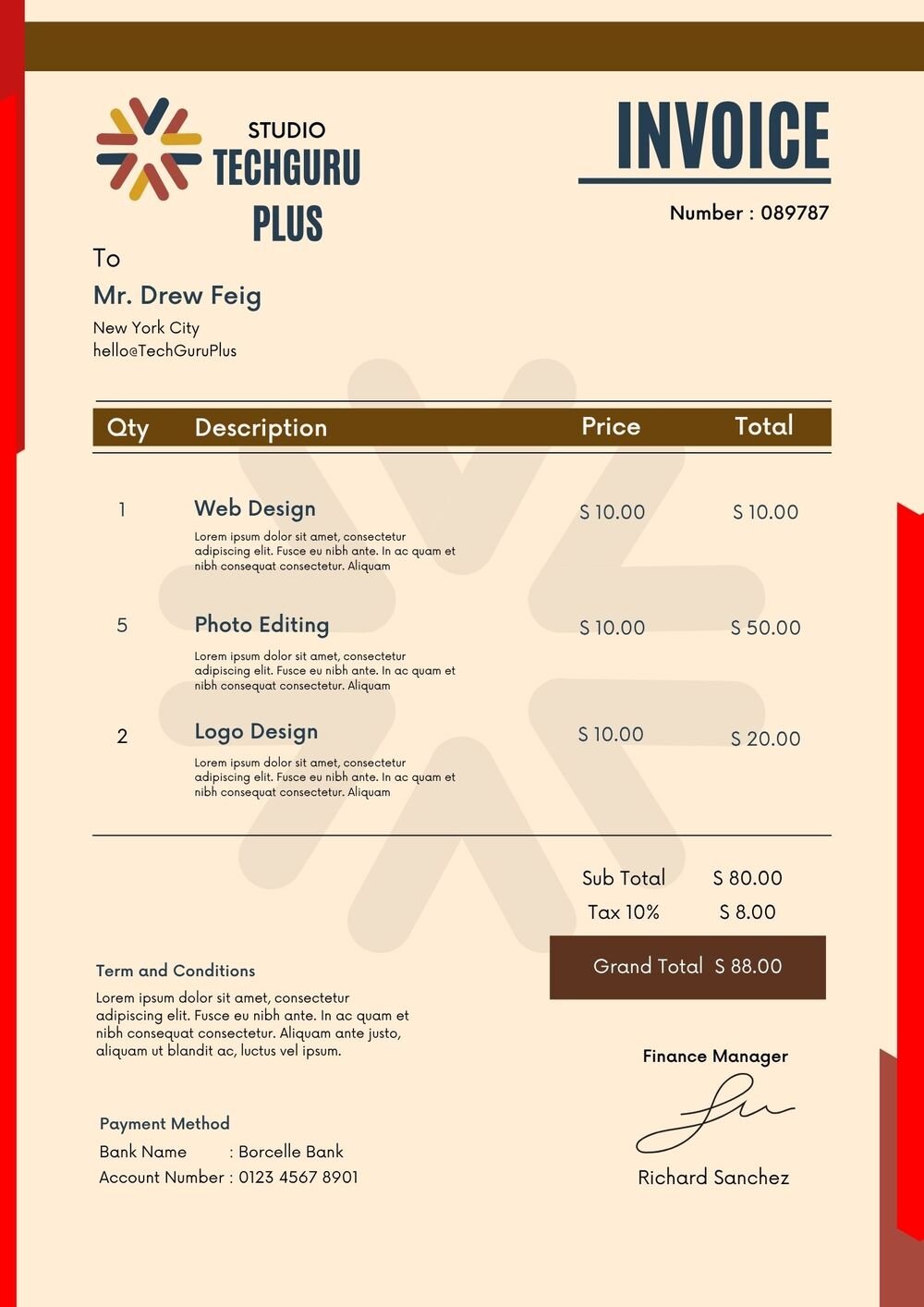 Invoice Template - Modern Beige & Red Creative Studio Format (Free Word Download)