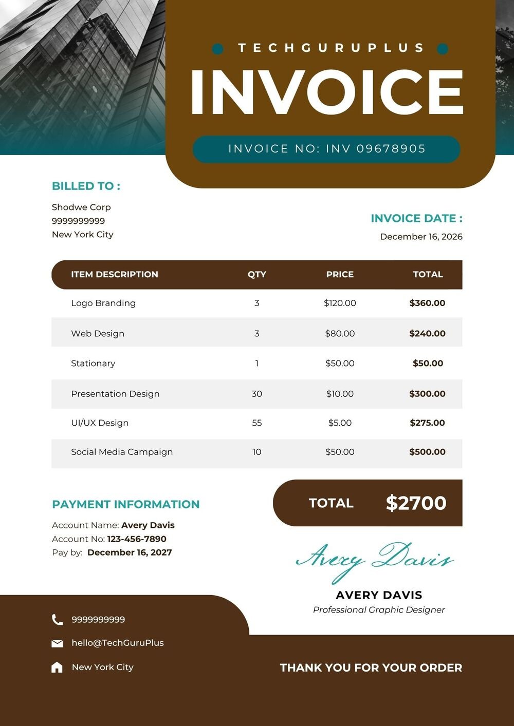 Invoice Template - Modern Corporate Graphic Design Format (Free Word Download)