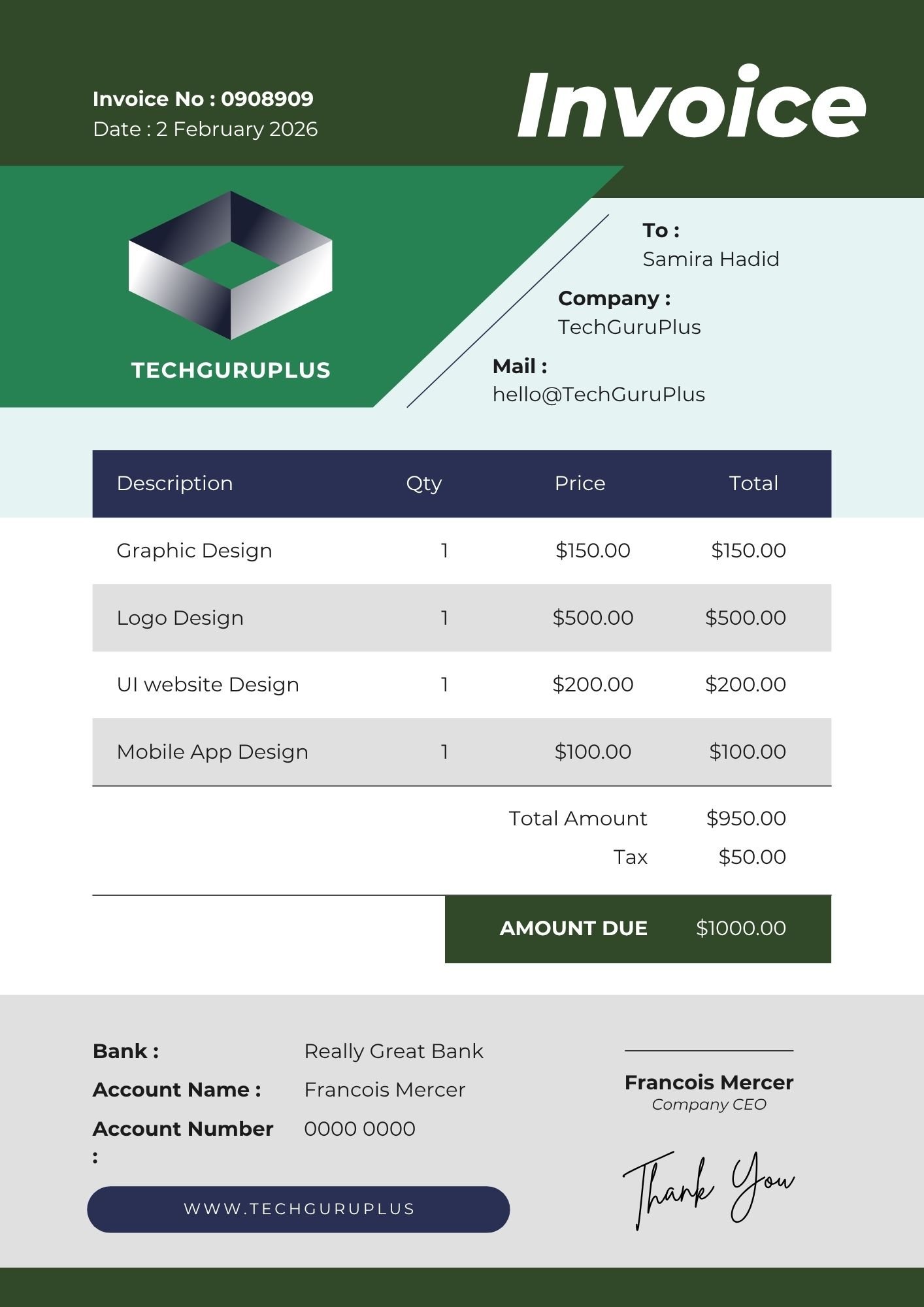 Invoice Template - Modern Green & Navy Tech Agency Format (Free Word Download)