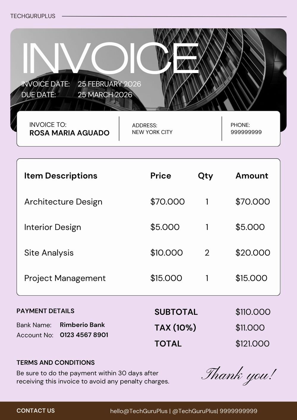 Invoice Template - Modern Purple Architecture Format (Free Word Download)