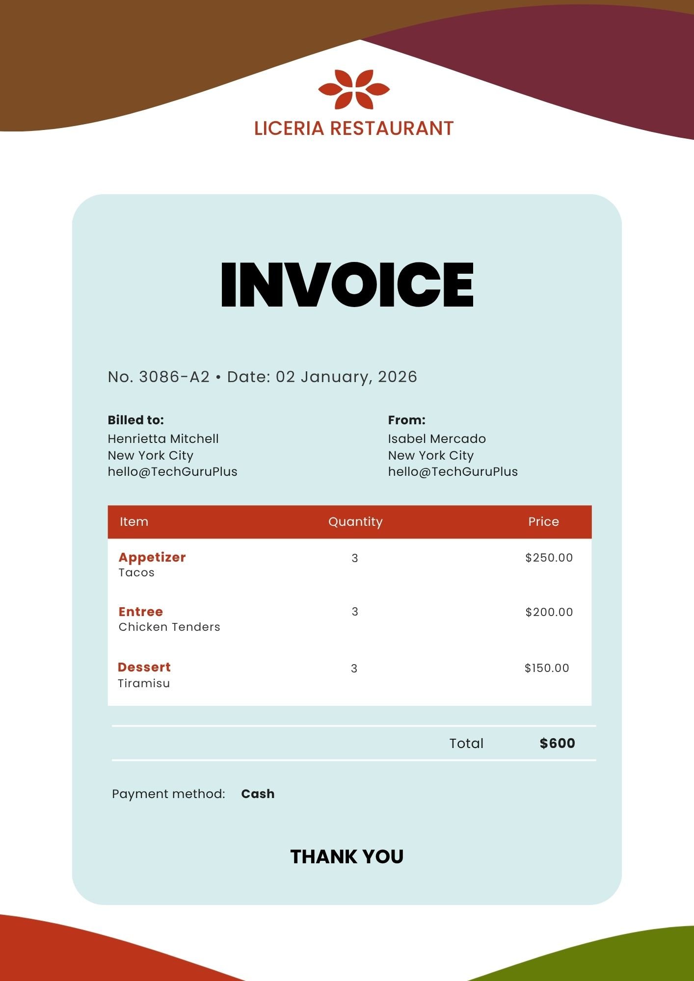 Invoice Template - Modern Restaurant & Catering Format (Free Word Download)